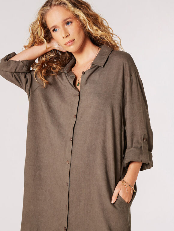 Mini-robe chemise surdimensionnée en mélange de lin, Kaki, large