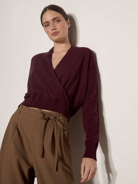Soft Fine Knit Wrap Jumper, Burgundy, large