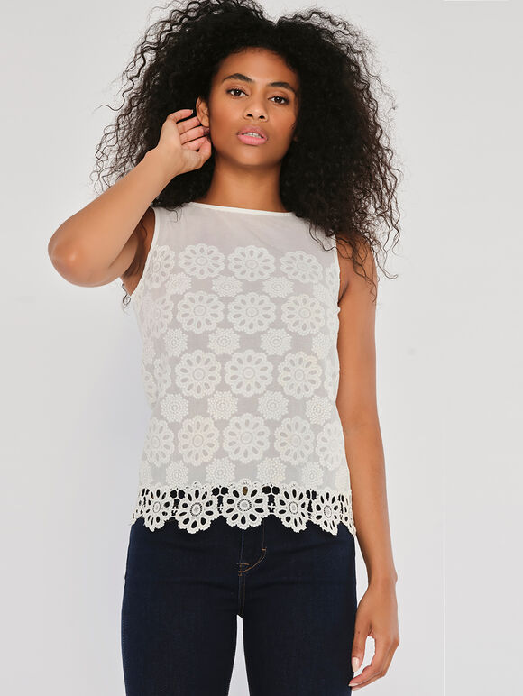 Geo Embroidered Daisies Top, White, large