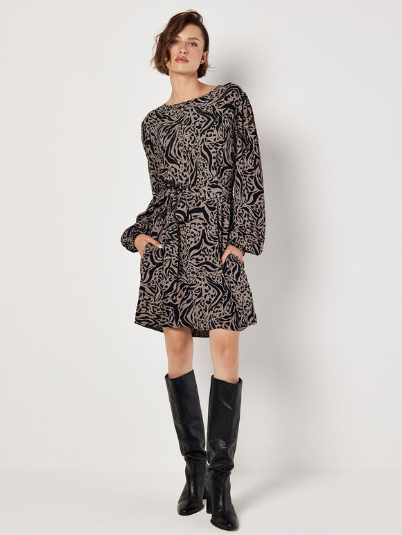 Mixed Animal Print Shift Mini Dress, Grey, large