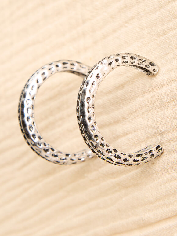 Silver Tone Textured Hoop Earrings, Silver, large