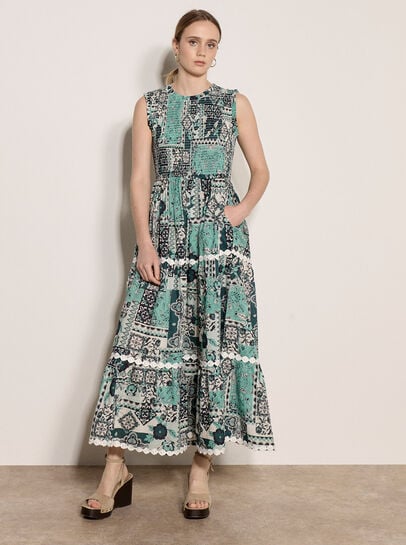 Patchwork Scarf Smocked Cotton Maxi Dress
