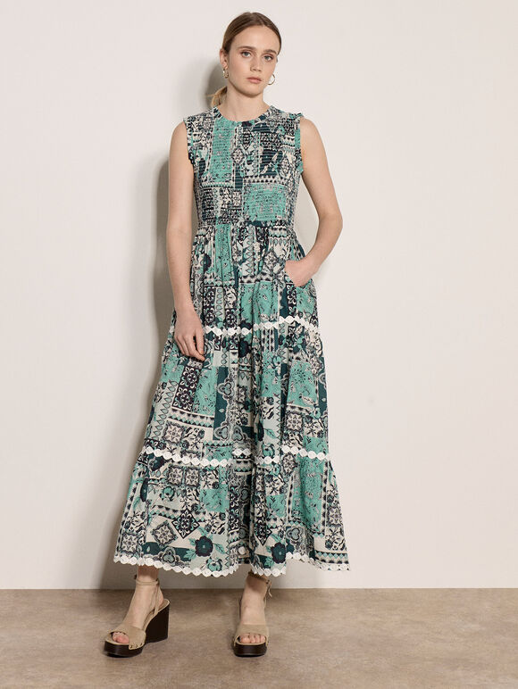 Patchwork Scarf Smocked Cotton Maxi Dress, Teal, large