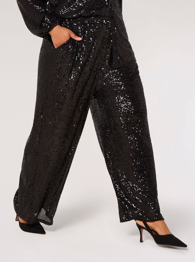 Curve Sequin Palazzo Trousers, Black, large