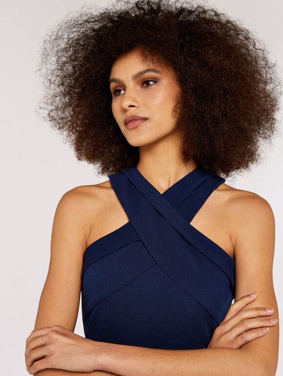 Halterneck Fitted Dress, Navy, large
