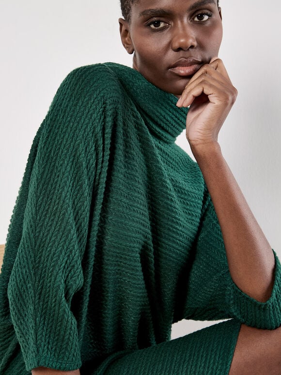 Textured Cable Knit Cocoon Jumper Mini Dress, Green, large