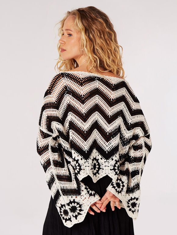 Crochet Chevron Bell Sleeve Top, Black, large