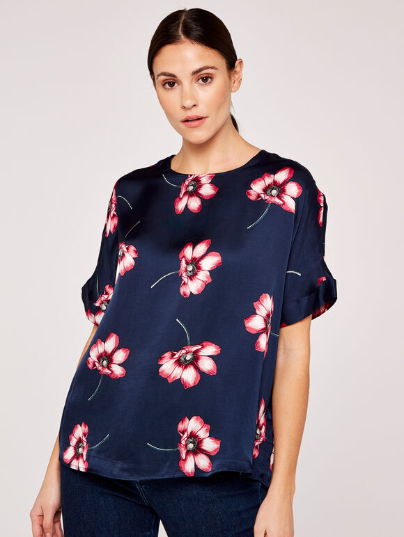 Large Flower Kimono Sleeve Top, Navy, large