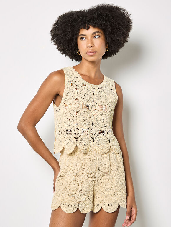 Crochet Circles Cotton Crop Top, Stone, large