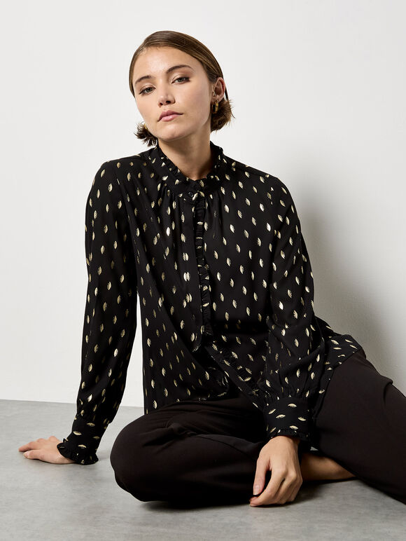 Gold Foil Ruffle Chiffon Blouse, Black, large
