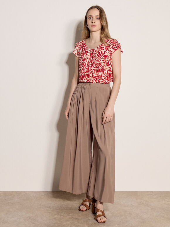 Leaf Print Tulip Sleeve Top, Red, large