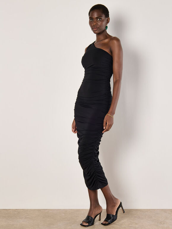 One Shoulder Ruched Maxi Dress, Black, large