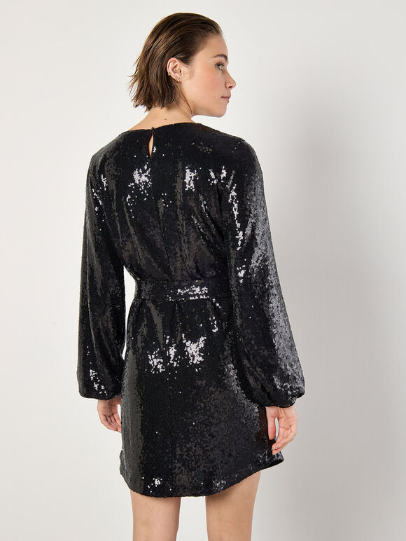Sequin Shift Mini Dress, Black, large