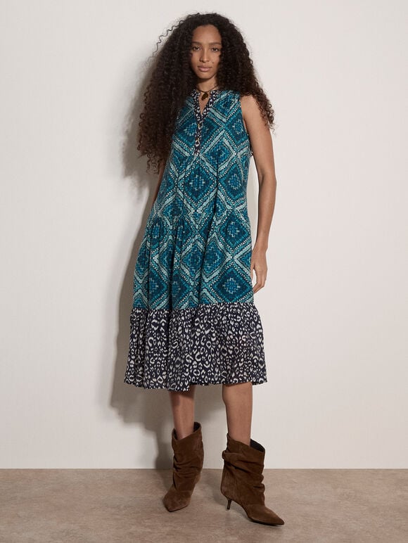 Geometric Patchwork Tiered Midi Dress, Teal, large
