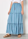 Denim Tiered Maxi Skirt, Blue, large
