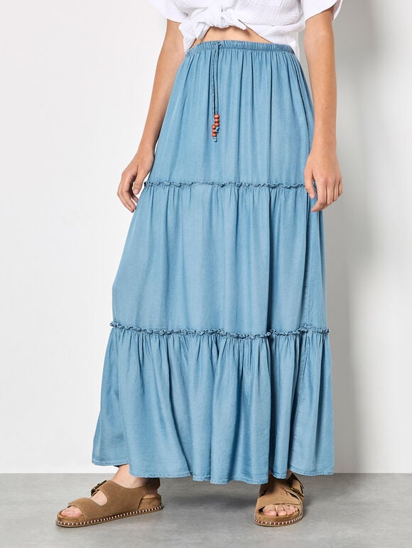 Denim Tiered Maxi Skirt, Blue, large