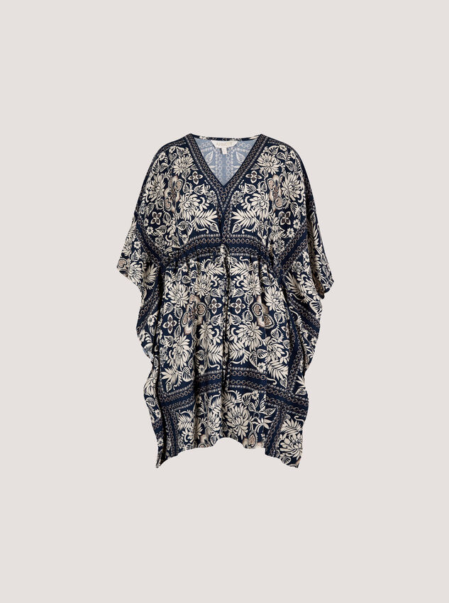 Scarf Print Kimono Mini Dress, Navy, large