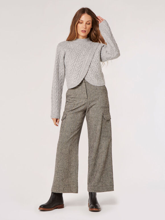 Cable Knit Wrap Jumper, Grey, large