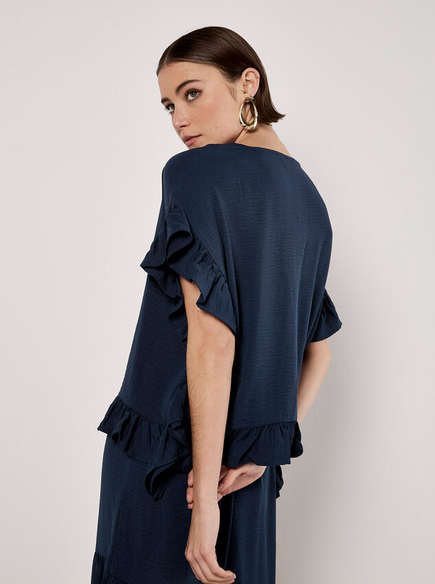 Ruffle Trim Woven Top, Navy, large