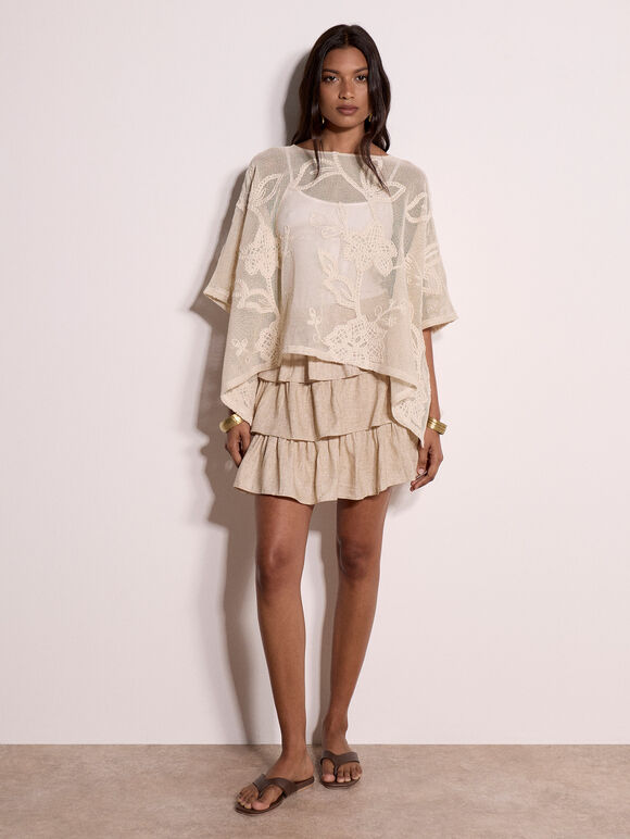 Cotton-Blend Mesh Floral Embroidered Top, Stone, large