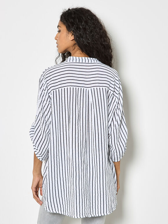 Oversized Cotton Stripe Shirt, White, large