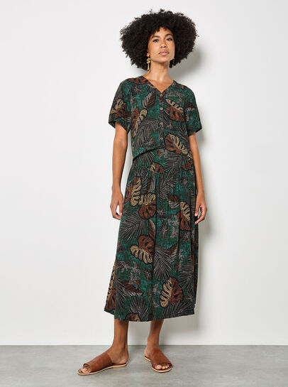 Tropical Leaf Print A-Line Midi Skirt