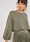 Linen Blend Bubble Hem Crop Top, Khaki, large