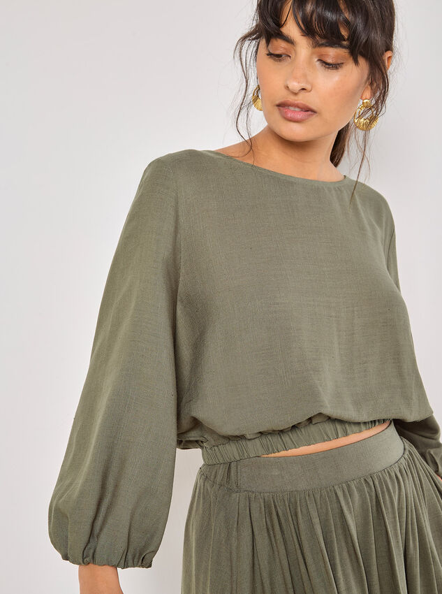 Linen Blend Bubble Hem Crop Top, Khaki, large