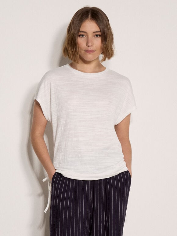 Textured Jersey Side Ruched T-Shirt, Cream, large