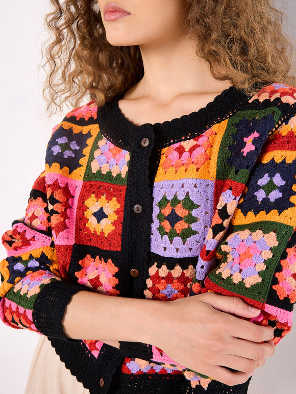 Colourful Crochet Squares Cardigan, Black, large