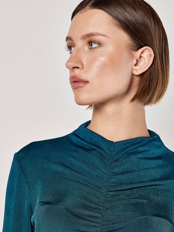 Ruched Stretch Top, Teal, large