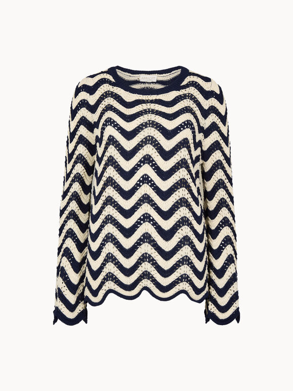 Stripe Waves Pointelle Knit Jumper, Navy, large