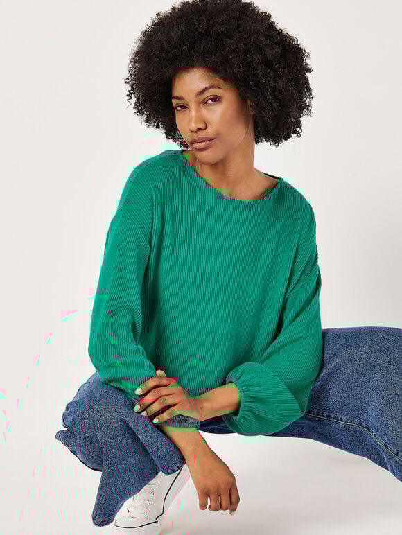 Button Back Ribbed Soft Touch Top, Green, large