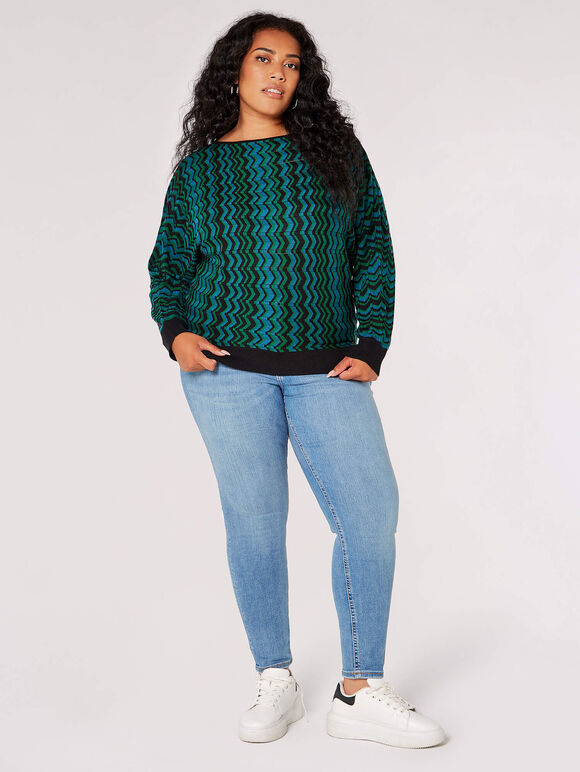 Curve Chevron-Strickpullover, Blaugrün, groß