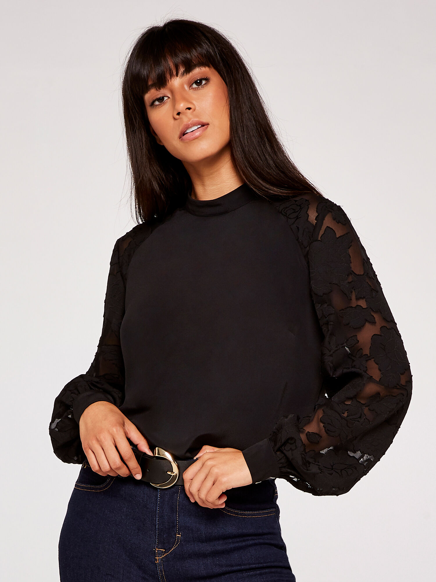 Sheer Raglan Sleeve Mock Neck Top 