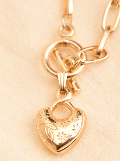 Gold Tone Heart T-Bar Pendant Necklace