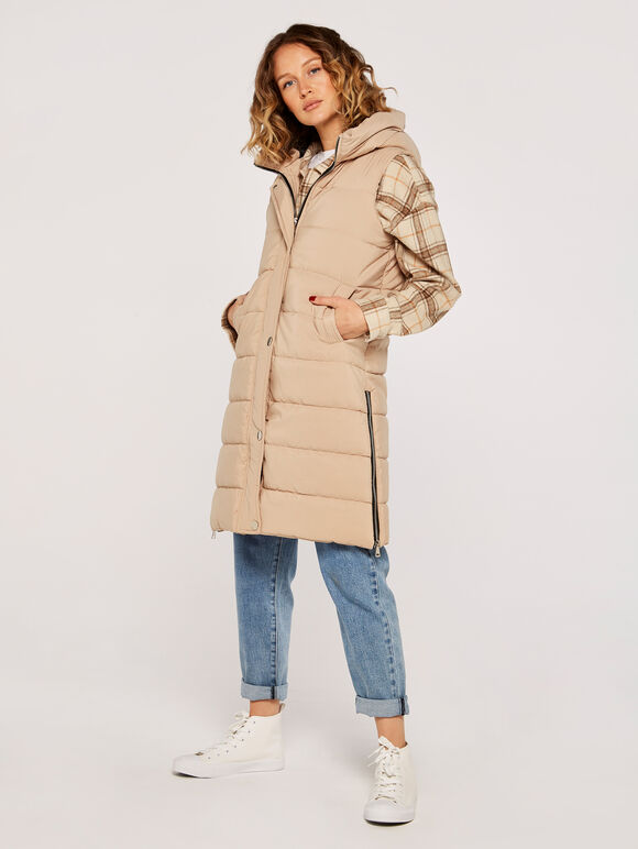 Longline Hooded Gilet, Stone, large