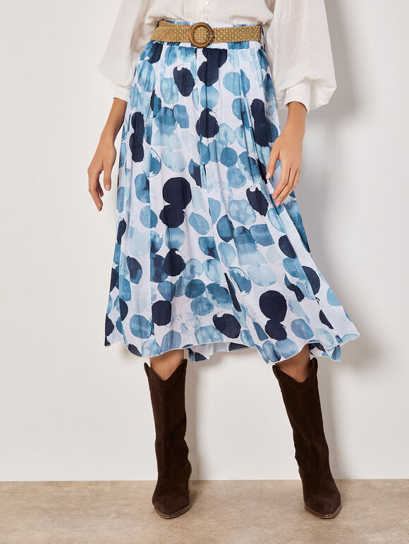 Abstract Print Slub Midi Skirt, Navy, large