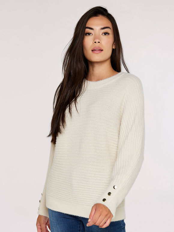 Fluffy Ribbed Jumper, White, large