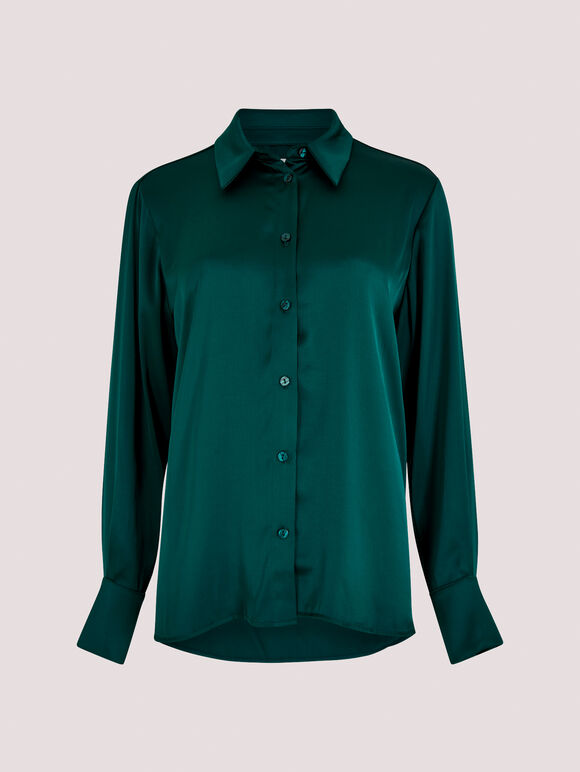 Long Sleeve Satin Shirt, Green, large