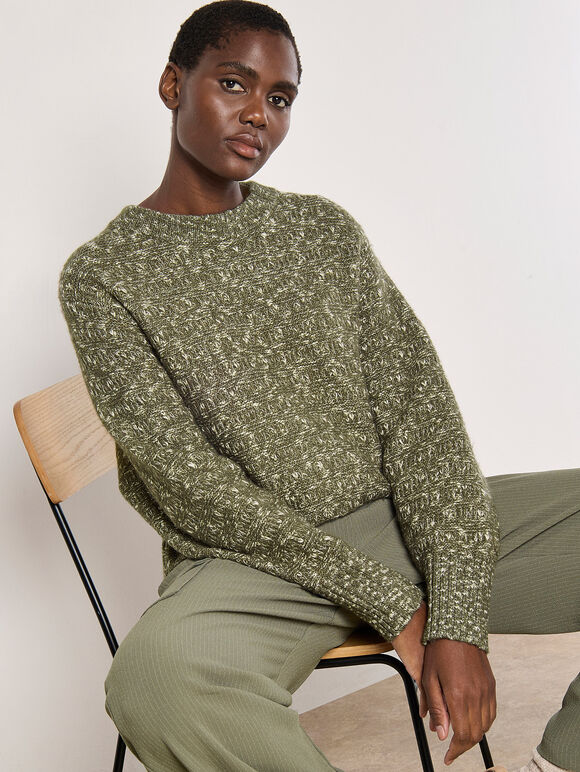 Flecked Knit Chunky Jumper, Khaki, large
