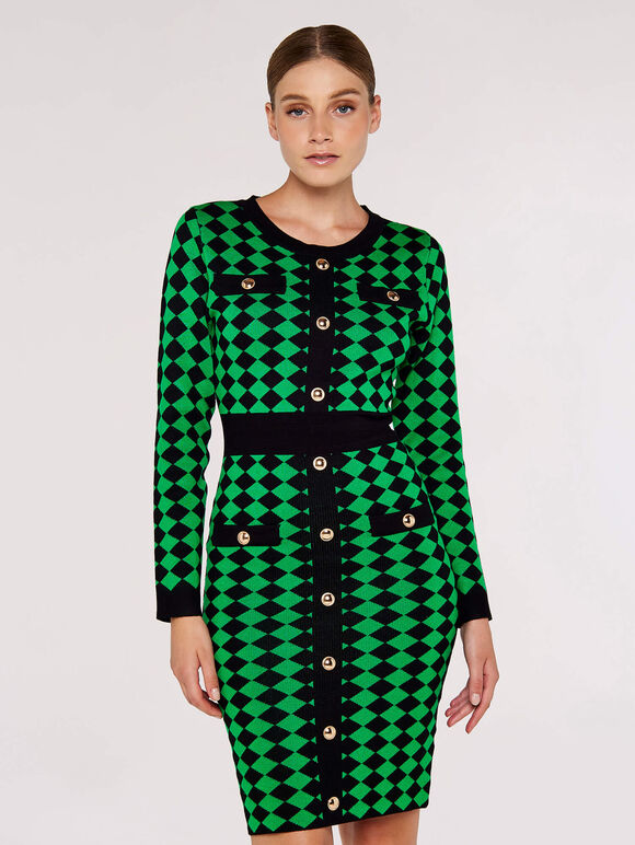 Diamond Print Midi Dress, Green, large