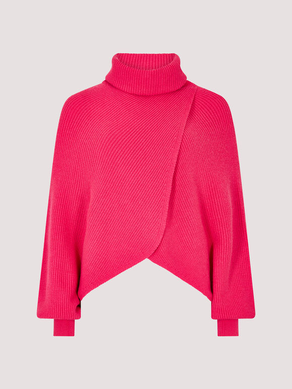 Pull portefeuille côtelé à col bénitier, Fuchsia, grand