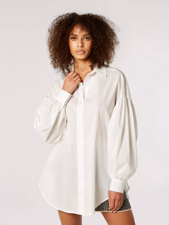 Balloon Sleeve Cotton Shirt, White, large