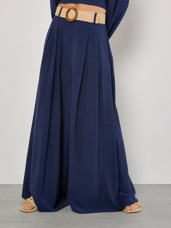 Pleated Palazzo Trousers With Belt, Navy, large