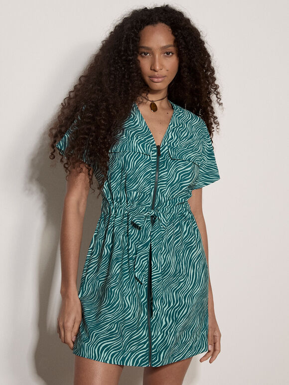 Zebra Print Zip-Down Mini Dress, Teal, large