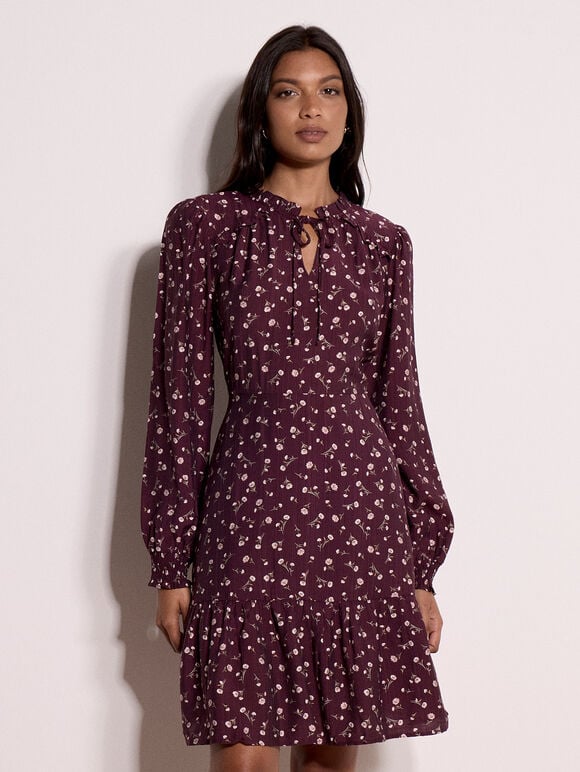 Ditsy Floral Mini Skater Dress, Burgundy, large
