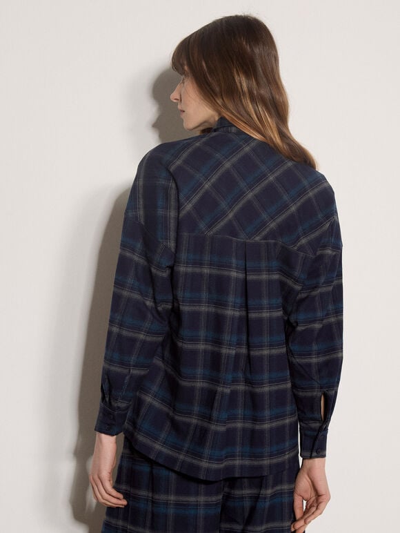 Oversized Check Print Shirt, Navy, large