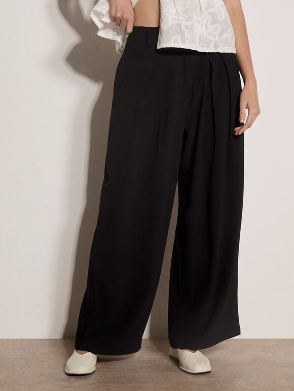 Wide-Leg Tailored Trousers, Black, large