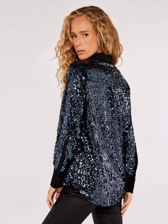 Sequin Button Down Shirt, Dark Grey - Charcoal, large